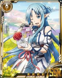 Rule 34 | 10s, 2girls, asuna (sao-alo), black hair, blue eyes, blue hair, breasts, card (medium), child, closed eyes, day, detached sleeves, dress, field, flower, flower field, holding, holding flower, long hair, medium breasts, mother and daughter, multiple girls, open mouth, outdoors, pointy ears, red flower, red ribbon, ribbon, star (symbol), strapless, strapless dress, sword art online, wings, yui (sao-alo)