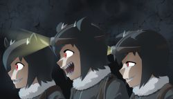 Rule 34 | 3girls, :d, animal ears, arai-san mansion, backpack, bag, black hair, clone, commentary request, crack, cracked wall, evil grin, evil smile, from side, fur collar, giant otter (kemono friends) (kuro (kurojill)), grey jacket, grin, half-closed eyes, headlamp, highres, indoors, jacket, kemono friends, light rays, looking away, looking to the side, multiple girls, open mouth, otter ears, red eyes, sharp teeth, short hair, smile, strap, teeth, terumaeromae, upper body, wall