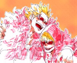 Rule 34 | 2boys, blonde hair, brothers, cape, closed eyes, coat, donquixote doflamingo, donquixote rocinante, earrings, feather coat, hand on another&#039;s shoulder, heart, heart print, jewelry, laughing, long sleeves, makeup, male focus, mawari28, multiple boys, necktie, one piece, open mouth, orange background, pink coat, short hair, siblings, sunglasses, white necktie