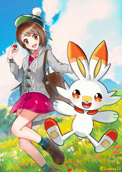 Rule 34 | 1girl, :d, absurdres, backpack, bag, bob cut, boots, brown bag, brown eyes, brown footwear, brown hair, buttons, cable knit, cardigan, cazmo, cloud, collared dress, commentary request, creatures (company), day, dress, game freak, gen 8 pokemon, gloria (pokemon), grass, green headwear, green socks, grey cardigan, hat, highres, holding, holding poke ball, hooded cardigan, nintendo, open mouth, outdoors, pink dress, plaid socks, poke ball, pokemon, pokemon (creature), pokemon swsh, scorbunny, short hair, sky, smile, socks, tam o&#039; shanter, teeth, tongue, tree, upper teeth only