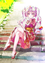 Rule 34 | animal, bag, bagged fish, blush, breasts, cafe-chan to break time, character request, commentary request, crossed legs, cup, fingernails, fish, floral print, flower, goldfish, hair flower, hair ornament, hat, highres, holding, holding cup, japanese clothes, kimono, long hair, looking at viewer, nail polish, nurse cap, obi, parted lips, pink nails, porurin, print kimono, purple eyes, purple hair, red footwear, red kimono, sandals, sash, sidelocks, sitting, sitting on stairs, small breasts, solo, stairs, stone stairs, twintails, very long hair, white flower, white hat, zouri