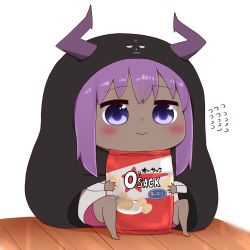 Rule 34 | 1girl, :&gt;, bag, bag of chips, barefoot, black cloak, blush, chibi, cloak, closed mouth, cosplay, dark-skinned female, dark skin, fate/prototype, fate/prototype: fragments of blue and silver, fate (series), flying sweatdrops, full body, hair between eyes, hassan of serenity (fate), highres, himouto! umaru-chan, holding, holding bag, hood, hood up, hooded cloak, horns, i.u.y, komaru, komaru (cosplay), komaru (himouto! umaru-chan), long sleeves, pink shorts, purple eyes, purple hair, shirt, short shorts, shorts, smile, solo, white background, white shirt, wooden floor