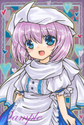 Rule 34 | 1girl, :d, apron, blue eyes, blue skirt, blush, cowboy shot, frilled apron, frills, heart, letty whiterock, looking at viewer, marker (medium), open mouth, pink hair, puffy short sleeves, puffy sleeves, rui (sugar3), sample watermark, scarf, shirt, short hair, short sleeves, skirt, smile, solo, touhou, traditional media, waist apron, watermark, white apron, white headwear, white scarf, white shirt