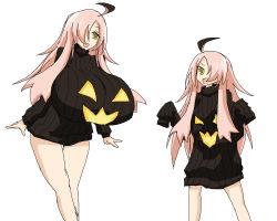 Rule 34 | 2girls, breasts, curvy, flat chest, gourgeist, hair over one eye, halloween, huge breasts, long hair, multiple girls, oro (zetsubou girl), personification, pink hair, pokemon, ribbed sweater, sweater, yellow eyes