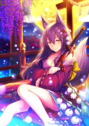 Rule 34 | 1girl, alcohol, animal ears, blurry, breasts, brown eyes, cleavage, closed mouth, cup, depth of field, fox ears, fox girl, fox tail, gogatsu no renkyuu, hair between eyes, highres, holding, holding sword, holding weapon, japanese clothes, katana, kimono, kimono pull, light particles, long hair, long sleeves, original, outdoors, porch, purple hair, rope, sakazuki, sake, sheath, sheathed, shide, shimenawa, shrine, sitting, smile, solo, sword, tail, torii, weapon, wide sleeves
