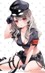Rule 34 | 1girl, belt, black gloves, black hair, blush, braid, breasts, chestnut mouth, cleavage, cropped jacket, cuffs, gloves, grey hair, hair ornament, handcuffs, hat, high heels, highres, hololive, large breasts, long hair, looking at viewer, multicolored hair, police, police hat, police uniform, policewoman, red eyes, sakamata chloe, short sleeves, skirt, solo, soraneko hino, streaked hair, thigh strap, twitter username, uniform, virtual youtuber