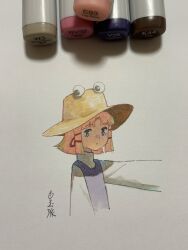 Rule 34 | 1girl, art tools in frame, blonde hair, closed mouth, commentary request, cropped arms, cropped torso, expressionless, hair ribbon, hat, highres, long sleeves, marker, marker (medium), moriya suwako, photo (medium), purple vest, red ribbon, ribbon, shiratama (hockey), shirt, short hair, sidelocks, signature, solo, swept bangs, touhou, traditional media, turtleneck, upper body, vest, white shirt, wide sleeves, yellow eyes, yellow hat