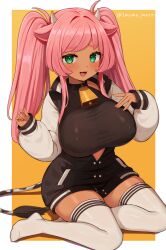 Rule 34 | 1girl, :3, animal ears, black shirt, blush, border, borrowed character, breasts, buttons, covered erect nipples, cow ears, cow girl, cow horns, cow tail, cowbell, dark-skinned female, dark skin, furrowed brow, green eyes, hand on own chest, hands up, horns, jacket, large breasts, long hair, long sleeves, looking at viewer, marota, nail polish, neck bell, no shoes, open clothes, open jacket, open mouth, original, outside border, partially unbuttoned, pink hair, pink nails, puffy long sleeves, puffy sleeves, shirt, sidelocks, simple background, sitting, skindentation, sleeves past wrists, small horns, smile, solo, swept bangs, tail, thighhighs, tight clothes, tight shirt, twintails, white sleeves, white thighhighs, yellow background, yokozuwari, zettai ryouiki