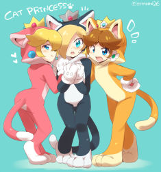Rule 34 | 3girls, animal costume, animal ears, animal hands, arm around shoulder, artist name, ass, black bodysuit, blonde hair, blue background, blue eyes, bodysuit, brown hair, cat costume, cat daisy, cat peach, cat rosalina, closed mouth, crown, earrings, ears down, english text, eromame, fake animal ears, fake tail, female focus, flat chest, flower earrings, from behind, gloves, grey headwear, hair over one eye, half-closed eyes, hand on another&#039;s shoulder, hand on own hip, hand up, hands up, happy, heart, heel up, hood, hood up, jewelry, knees together feet apart, long sleeves, looking at viewer, looking back, mario (series), multiple girls, nintendo, notice lines, official alternate costume, one eye covered, open mouth, orange bodysuit, own hands together, paw gloves, paw print, pink bodysuit, princess daisy, princess peach, rosalina, short hair, sidelocks, sideways mouth, signature, simple background, smile, straight-on, super mario 3d world, tail, teeth, twitter username, white gloves, wide-eyed, yellow headwear