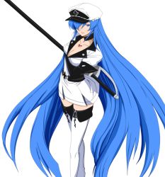 Rule 34 | 10s, 1girl, akame ga kill!, aqua hair, blue eyes, boots, breasts, cleavage, cover, cover page, deviantart thumbnail, esdeath, female focus, hat, ishira-san, large breasts, long hair, military, military uniform, peaked cap, resized, skirt, smile, solo, standing, thigh boots, thighhighs, thighs, transparent background, uniform, very long hair, white thighhighs