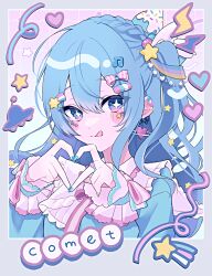 Rule 34 | 1girl, blue eyes, blue hair, blush, bow, closed mouth, dress, fortissimo, hair bow, hair ornament, heart, heart hands, highres, hololive, hoshimachi suisei, jewelry, long hair, long sleeves, looking at viewer, musical note, musical note hair ornament, ring, side ponytail, smile, soda dokka ikou, solo, star-shaped pupils, star (symbol), symbol-shaped pupils, tongue, tongue out, ufo, upper body, virtual youtuber