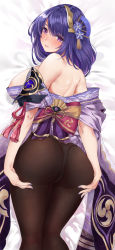 Rule 34 | 1girl, absurdres, areola slip, ass, bad id, bad pixiv id, bare shoulders, bed sheet, black pantyhose, blunt bangs, blush, breasts, commentary request, eyelashes, genshin impact, hair ornament, highres, icons (1452697582), japanese clothes, kimono, kneepits, large areolae, large breasts, looking at viewer, looking back, mole, mole under eye, nail polish, no bra, panties, pantyhose, parted lips, purple eyes, purple kimono, purple nails, raiden shogun, solo, tareme, tassel, thighs, underwear, white panties