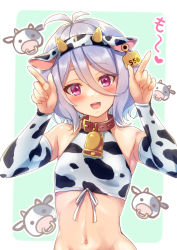 Rule 34 | 1girl, :d, animal collar, animal ears, animal print, antenna hair, bare shoulders, blush, breasts, collar, commentary request, copyright request, cow ears, cow horns, cow print, cowboy shot, crop top, detached sleeves, fake animal ears, fake horns, hair between eyes, hairband, halterneck, hands up, horns, horns pose, long sleeves, looking at viewer, medium hair, navel, open mouth, pink eyes, print sleeves, purple hair, satou (kuso-neet), small breasts, smile, solo, stomach, upper body