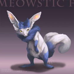 Rule 34 | 2017, character name, claws, creatures (company), full body, game freak, gen 6 pokemon, gradient background, grey background, looking away, meowstic, meowstic (female), nintendo, pokemon, pokemon (creature), pokemon xy, realistic, shadeofshinon, signature, solo, standing, watermark, web address, yellow eyes