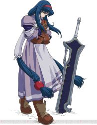 Rule 34 | 1girl, anastasia valeria, armor, blue hair, boots, closed mouth, crossed arms, detached sleeves, dress, gloves, hair ornament, hairband, head down, long hair, looking down, low-tied long hair, partially colored, pauldrons, red eyes, red hairband, sad, shoulder armor, soil, solo, standing, sword, twintails, very long hair, weapon, wild arms, wild arms 2