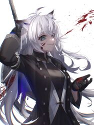 Rule 34 | 1girl, absurdres, animal ears, aqua eyes, arknights, arm up, black coat, black dress, black gloves, blood, blood on clothes, blood on face, breasts, coat, dress, empty eyes, gloves, grey hair, highres, holding, holding sword, holding weapon, jewelry, lappland (arknights), lappland (refined horrormare) (arknights), long hair, looking at viewer, medium breasts, necklace, official alternate costume, open clothes, open coat, parted lips, simple background, smile, sword, unbuttoned, very long hair, weapon, white background, wolf ears, yukai nao