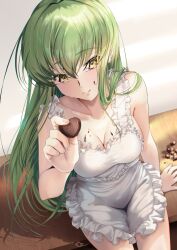 Rule 34 | 1girl, absurdres, apron, arm at side, arm support, armpit crease, bare arms, blush, breasts, budgiepon, c.c., candy, chocolate, chocolate heart, chocolate on body, chocolate on breasts, chocolate on face, cleavage, closed mouth, code geass, collarbone, commentary, fingernails, food, food on body, food on face, foreshortening, frilled apron, frills, from above, green hair, groin, hair between eyes, hair over shoulder, hand up, heart, highres, holding, holding chocolate, holding food, incoming food, indoors, lips, long hair, looking at viewer, medium breasts, melting, naked apron, signature, sitting, smile, solo, split mouth, straight hair, valentine, very long hair, white apron, yellow eyes