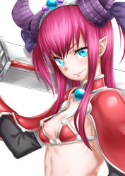 Rule 34 | &gt;:), 10s, 1girl, armor, bikini, bikini armor, blue eyes, breasts, bridal gauntlets, capelet, collar, curled horns, elizabeth bathory (brave) (fate), elizabeth bathory (fate), fate/extra, fate/extra ccc, fate/grand order, fate (series), from side, highres, holding, holding sword, holding weapon, horns, long hair, looking at viewer, loose bikini, nipple slip, nipples, oversized clothes, pauldrons, pink hair, pointy ears, red armor, red bikini, sazanami tarou, shoulder armor, small breasts, smile, solo, string bikini, swimsuit, sword, tiara, upper body, v-shaped eyebrows, weapon, white background