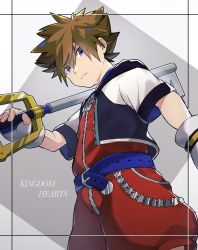 Rule 34 | 1boy, belt, blue belt, blue eyes, brown hair, chain, chain necklace, commentary request, copyright name, fingerless gloves, from below, gloves, grey background, highres, holding, holding weapon, jacket, jewelry, keyblade, kingdom hearts, kingdom hearts i, kingdom key, looking at viewer, looking down, male focus, multicolored clothes, multicolored jacket, necklace, over shoulder, ponzu tas, red shirt, red shorts, shirt, short hair, short sleeves, shorts, solo, sora (kingdom hearts), spiked hair, unzipped, upper body, weapon, weapon over shoulder, white background