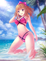 Rule 34 | 1girl, arm up, bare arms, bare legs, bare shoulders, barefoot, beach, bikini, bird, black eyes, blush, bow, breasts, brown hair, cleavage, cloud, day, dorakyura, full body, hair bow, horizon, kneeling, lens flare, long hair, looking at viewer, mountain, no navel, ocean, open mouth, original, outdoors, palm tree, parted lips, pink bow, purple eyes, short hair, side-tie bikini bottom, sky, smile, solo, striped, swimsuit, tree, water, water drop
