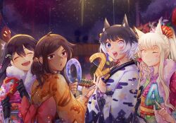 cat_girl fox_girl highres japanese_clothes kimono multicolored_hair multiple_girls new_year original original_design