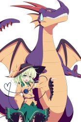 Rule 34 | 1girl, bad id, bad twitter id, dragon, dragon lord, dragon quest, eyeball, green eyes, green hair, hand on own hip, hat, hat ribbon, heart, heart of string, highres, isa, komeiji koishi, open mouth, pointing, ribbon, short hair, simple background, skirt, smile, sparkling eyes, sweatdrop, third eye, touhou, white background