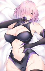 Rule 34 | 1girl, bed sheet, blush, breasts, cleavage, fate/grand order, fate (series), gloves, hair over one eye, highres, large breasts, mash kyrielight, nakatama kyou, navel, pink hair, purple eyes, short hair, solo, spread navel, sweat