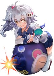 Rule 34 | 1girl, absurdres, artist request, blue hair, blush, bomb, bombergirl, explosive, hair ornament, highres, looking at viewer, miniskirt, one side up, open mouth, school uniform, serafuku, shiro (bombergirl), side ponytail, simple background, skirt, smile, solo, thighhighs, uniform, v, white background, white thighhighs, yellow eyes