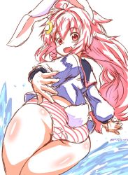 Rule 34 | animal ears, ass, blue shirt, crescent, crescent hair ornament, fang, from behind, from below, hair ornament, highres, kantai collection, long hair, looking back, looking down, no pants, ooba jun, open mouth, panties, pink eyes, pink hair, rabbit ears, rabbit tail, school uniform, serafuku, shirt, sketch, smile, striped clothes, striped panties, tail, thighs, underwear, uzuki (kancolle), very long hair, white panties