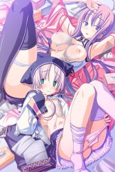 Rule 34 | 2girls, ahoge, black thighhighs, blue eyes, blush, breasts, clothes lift, covered erect nipples, flat chest, game cg, green eyes, hair ornament, hairclip, hat, large breasts, long hair, lying, multiple girls, on back, open clothes, open shirt, panties, panty pull, pink hair, sakuya tsuitachi, shirt, shirt lift, short hair, siblings, sisters, thighhighs, tissue, tissue box, twintails, underwear
