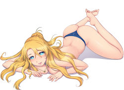 Rule 34 | 1girl, ass, back, bad id, bad pixiv id, barefoot, blonde hair, blue panties, breast press, breast rest, breasts, cleavage, eyebrows, feet, full body, hair between eyes, half updo, highres, jewelry, lace, lace panties, large breasts, lidia irving, long hair, long toenails, looking at viewer, mahito, necklace, panties, parted lips, pendant, pink lips, shadow, simple background, soles, solo, thong, toenails, top-down bottom-up, topless, underwear, white background, wizard links