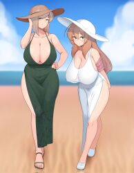 Rule 34 | 2girls, arms behind back, beach, black dress, blue sky, borrowed character, breasts, brown hair, brown headwear, character request, cleavage, cloud, cloudy sky, commission, covered erect nipples, dress, full body, green eyes, hair between eyes, hand on own hip, hat, highres, horizon, huge breasts, leaning forward, long hair, makihara nodoka, moebell, multiple girls, no bra, original, outdoors, sandals, second-party source, shoes, short hair, sky, standing, white dress, white footwear, white headwear