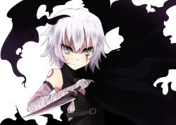 Rule 34 | 1girl, bandages, bandaged arm, bandaged hand, bandages, bare shoulders, black cape, cape, enelis, fate/apocrypha, fate (series), green eyes, holding, holding knife, holding weapon, jack the ripper (fate/apocrypha), knife, looking at viewer, short hair, solo, torn cape, torn clothes, weapon, white background, white hair