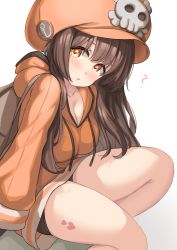 Rule 34 | 1girl, :o, ?, bike shorts, black shorts, blush, breasts, brown eyes, brown hair, cleavage, guilty gear, guilty gear strive, hair between eyes, heart, heart tattoo, highres, hood, hood down, jacket, kibihimi, long hair, long sleeves, looking at viewer, may (guilty gear), orange headwear, orange jacket, short shorts, shorts, skull and crossbones, small breasts, solo, tattoo, thighs, white background