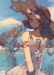Rule 34 | 1girl, arm strap, artist name, beach, beige headwear, blue dress, blue eyes, blue hair, blue sky, braid, breasts, brooch, brown hat, closed mouth, cloud, collarbone, commentary, cowboy shot, dress, flower, granblue fantasy, hair flower, hair ornament, hat, highres, jewelry, light particles, lilinee, long hair, looking at viewer, lyria (daughter of pearl) (granblue fantasy), lyria (granblue fantasy), mountain, ocean, outdoors, pearl hair ornament, pleated dress, shade, shell hair ornament, sky, sleeveless, sleeveless dress, small breasts, smile, solo, starfish hair ornament, sun hat, twin braids, very long hair, waves, wrist cuffs