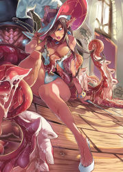 Rule 34 | 1girl, absurdres, bangle, bare legs, bare shoulders, between breasts, blue eyes, blush, bracelet, breasts, brown hair, cameltoe, ceda (dace), curtains, dagger, dark-skinned female, dark skin, earrings, elf, floor, fur trim, hair over one eye, hat, high heels, highres, holding, holding own hair, holding weapon, imminent rape, indoors, jewelry, knife, leotard, long hair, monster, necklace, no shoes, on floor, open mouth, original, pointy ears, restrained, sitting, slime (substance), slippers, solo, swept bangs, tentacles, tentacles under clothes, toe cleavage, toes, weapon, wet, window, witch hat, wooden floor