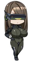 Rule 34 | 1girl, alternate breast size, alternate hairstyle, armor, armored bodysuit, bodysuit, breasts, brown hair, chibi, commentary, commentary request, covered navel, dekapaiyukari, frown, goddess of victory: nikke, hand on own hip, highres, large breasts, mass-produced nikke, mechanical arms, medium hair, swept bangs, visor (armor), white background