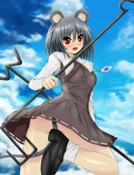 Rule 34 | 1girl, animal ears, bad id, bad pixiv id, blush, censored, convenient censoring, day, female focus, grey hair, highres, mouse ears, mouse tail, nazrin, no panties, red eyes, rod, short hair, sky, solo, tail, toranashi, touhou