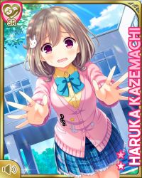 Rule 34 | 1girl, blue bow, blue skirt, blush, bow, bowtie, brown hair, rabbit hair ornament, cardigan, character name, day, girlfriend (kari), hair ornament, hairclip, hands out, kazemachi haruka, long sleeves, looking at viewer, nervous, official art, open mouth, outdoors, pink eyes, plaid, plaid skirt, qp:flapper, school, school uniform, short hair, skirt, solo, tareme, treble clef