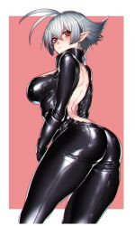 Rule 34 | 1girl, arched back, arms at sides, ass, back, back cutout, backless outfit, bad id, bad twitter id, blush, bodysuit, breasts, character request, cleavage, clothing cutout, cowboy shot, earrings, female focus, from behind, gloves, hair between eyes, highres, jewelry, katagiri hachigou, large breasts, latex, latex gloves, leather, looking to the side, looking up, original, pink background, pointy ears, red eyes, shiny clothes, short hair, silver hair, solo, sweatdrop, thighs