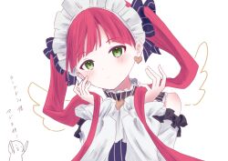 Rule 34 | 1girl, 1other, blush, closed mouth, clothing cutout, earrings, glowstick, green eyes, hand in own hair, highres, hisana gbf, holding glowstick, indie virtual youtuber, jewelry, langue de 104, long hair, long sleeves, maid headdress, red hair, shoulder cutout, simple background, twintails, virtual youtuber, white background, wings
