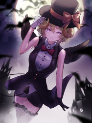 Rule 34 | animal, arm up, bare shoulders, bat (animal), black hat, black shorts, black wings, blonde hair, blurry, blurry background, blurry foreground, bow, bowtie, breasts, brown thighhighs, character request, closed mouth, collared shirt, curled horns, demon tail, depth of field, eiyuu densetsu, falcom, fishnet thighhighs, fishnets, frilled thighhighs, frills, full moon, hair between eyes, hajimari no kiseki, haku wi, hand on headwear, hat, hat bow, highres, horns, looking at viewer, medium breasts, mini wings, moon, night, night sky, red bow, red bowtie, shirt, short shorts, shorts, sky, sleeveless, sleeveless shirt, smile, solo, tail, thighhighs, white shirt, wings