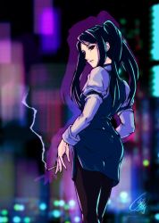 Rule 34 | 1girl, artist name, bartender, cigarette, commentary, cowboy shot, cyberpunk, english commentary, expressionless, highres, holding, holding cigarette, jill stingray, long hair, long sleeves, looking at viewer, looking to the side, onichild, pantyhose, purple hair, red eyes, shirt, sidelocks, skirt, smoke, solo, standing, swept bangs, twintails, va-11 hall-a, vest, white shirt