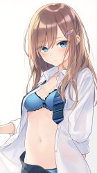 Rule 34 | 1girl, azuuru, blue bra, blue eyes, blue necktie, blue panties, bra, breasts, brown hair, cleavage, collared shirt, dress shirt, frown, hair ornament, hairclip, highres, long hair, long sleeves, looking at viewer, medium breasts, navel, necktie, open clothes, open shirt, original, panties, pleated skirt, shirt, sidelocks, simple background, skirt, solo, stomach, striped necktie, striped neckwear, underwear, upper body, white background, white shirt