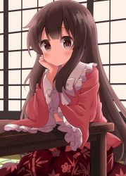 Rule 34 | 1girl, bamboo print, black hair, blush, bow, bowtie, closed mouth, dress, floral print, hand on own cheek, hand on own face, head rest, highres, hime cut, houraisan kaguya, indoors, japanese clothes, kimono, long hair, long sleeves, looking at viewer, one-hour drawing challenge, pink eyes, pink kimono, purple dress, ruu (tksymkw), sitting, skirt, solo, table, touhou, very long hair, wariza, white bow, white bowtie, wide sleeves, wooden table