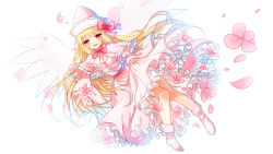 Rule 34 | 1girl, blonde hair, boots, bow, breasts, capelet, cherry blossoms, cleavage, clothes lift, dress, dress lift, emia wang, fairy wings, female focus, full body, hat, hat bow, highres, lily white, long hair, long sleeves, outstretched arm, outstretched hand, petals, petticoat, pink dress, pink eyes, sash, simple background, solo, touhou, very long hair, white background, wide sleeves, wings