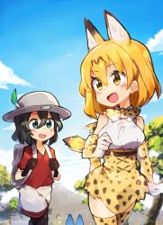 Rule 34 | 10s, 2girls, :d, animal ears, aqua eyes, backpack, bag, bare shoulders, black gloves, black hair, blue sky, blush, blush stickers, bow, bowtie, breasts, bucket hat, bus, cat ears, cat tail, clenched hand, cloud, cloudy sky, cowboy shot, cross-laced clothes, day, elbow gloves, eye contact, eyelashes, fang, feathers, gloves, hair between eyes, hat, hat feather, head out of frame, highres, kaban (kemono friends), kemono friends, large breasts, looking at another, looking to the side, lucky beast (kemono friends), motor vehicle, mountain, multiple girls, open mouth, orange eyes, orange hair, outdoors, pantyhose, red shirt, rimukoro, safari hat, sandstar, serval (kemono friends), serval print, serval tail, shirt, short hair, short sleeves, shorts, signature, skirt, sky, sleeveless, sleeveless shirt, smile, socks, striped tail, tail, tareme, thighhighs, tsurime, twitter username, vehicle, walking, white shirt, zettai ryouiki
