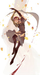 Rule 34 | 1girl, absurdres, arms up, autumn leaves, blood, blood spray, boots, brown dress, brown footwear, closed eyes, collared dress, dress, dynamic pose, elden ring, expressionless, falling leaves, full body, high collar, highres, holding, holding weapon, jumping, leaf, luckyia, mechanical arms, medium hair, midair, millicent (elden ring), outstretched arms, prosthesis, prosthetic arm, red hair, signature, single mechanical arm, solo, thigh boots, twitter username, weapon, white background, wind