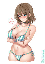 Rule 34 | 1girl, alternate costume, aqua bikini, bikini, blue eyes, blush, breasts, brown hair, cleavage, collarbone, cowboy shot, cropped legs, crossed arms, ebifurya, fang, fang out, front-tie bikini top, front-tie top, hair ornament, hairclip, highres, kantai collection, large breasts, looking at viewer, maya (kancolle), medium hair, navel, one-hour drawing challenge, side-tie bikini bottom, simple background, solo, stomach, striped bikini, striped clothes, swimsuit, twitter username, white background, white bikini, x hair ornament
