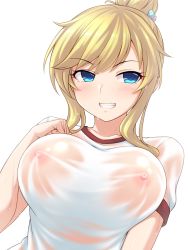 Rule 34 | 1girl, blonde hair, blue eyes, blush, breasts, collarbone, commentary request, grin, hair bun, hair ornament, heart, heart hair ornament, highres, idolmaster, idolmaster cinderella girls, large breasts, long hair, looking at viewer, nipples, no bra, ohtsuki yui, pataneet, see-through, shirt, short sleeves, sidelocks, simple background, single hair bun, smile, solo, sweat, upper body, wet, wet clothes, wet shirt